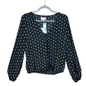VIXBE Wrap Blouse Dark Green Medium White Geometric Print Faux Sleeve Top Office